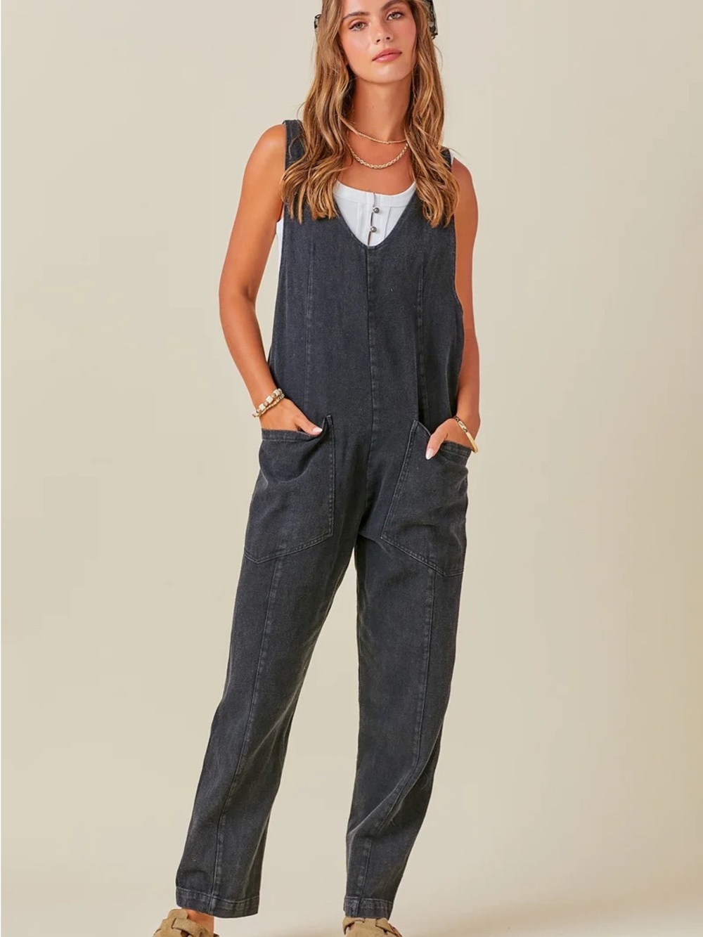 Free People High Roller Jean Jumpsuit Size M — Washed Black/Grey